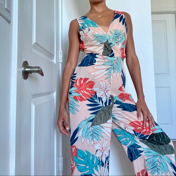 Tropical Palm Floral Pink Silky Palazzo Jumpsuit - Picture 3 of 4